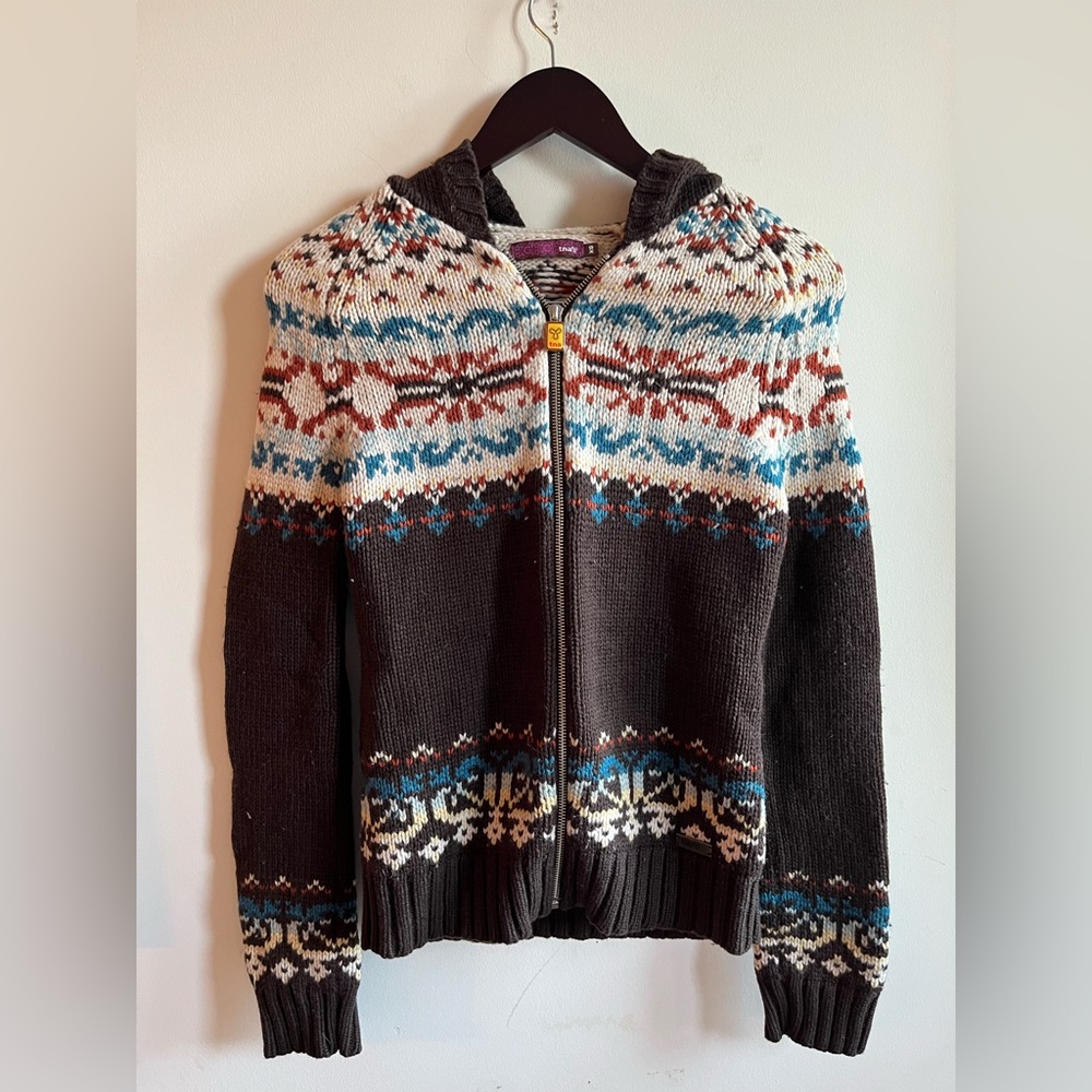 Aritzia Tna Vintage Lambswool Zip-up Hooded Sweater Brown Patterned